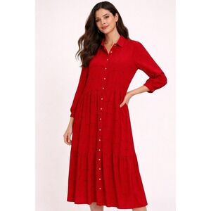 J Crew Womens Dress 16 Red Bow Print Pleated Maxi Shirt Preppy Modest Classic